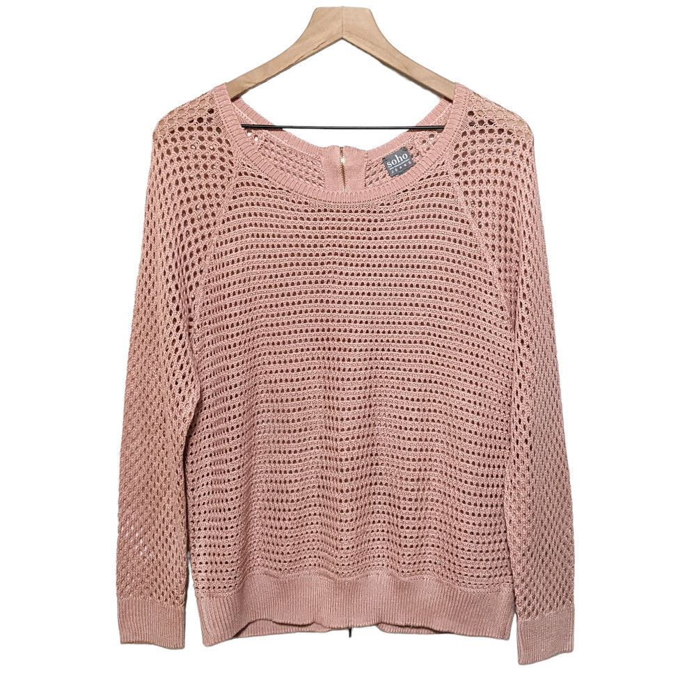 Soho New York & Company M Pink Open Knit Long Sleeve Sweater Full Zip Back